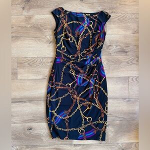 Ralph Lauren Black Midi Dress with Gold Chain & Multicolor Accents